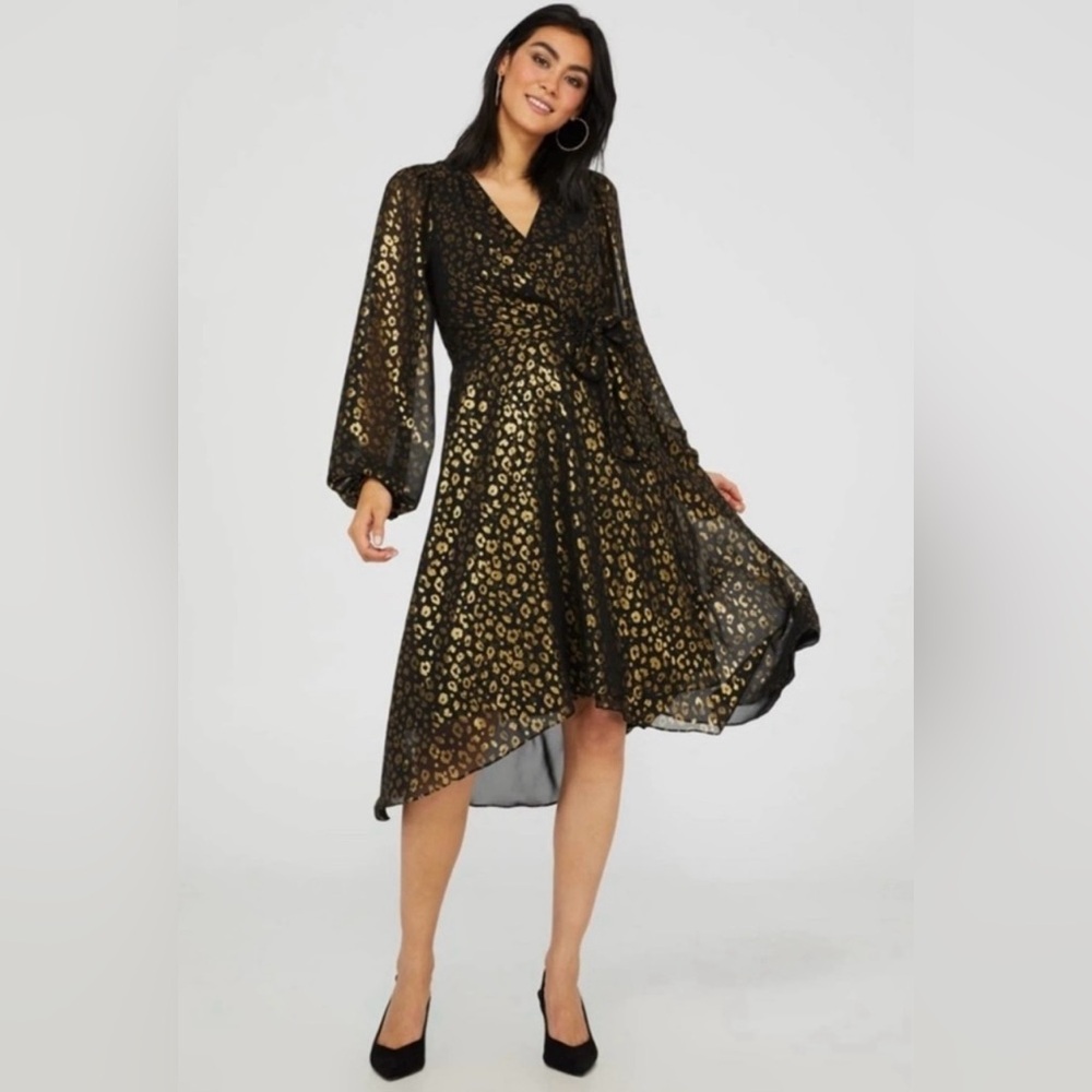 Suzy Shier Black & Gold Foil Leopard Print Hi-Low Flowy Midi Dress